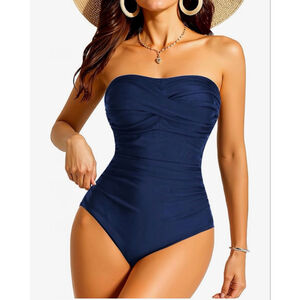 NEW Blue Tummy Control Strapless 1 Pc Swimsuit Bathing Suit L